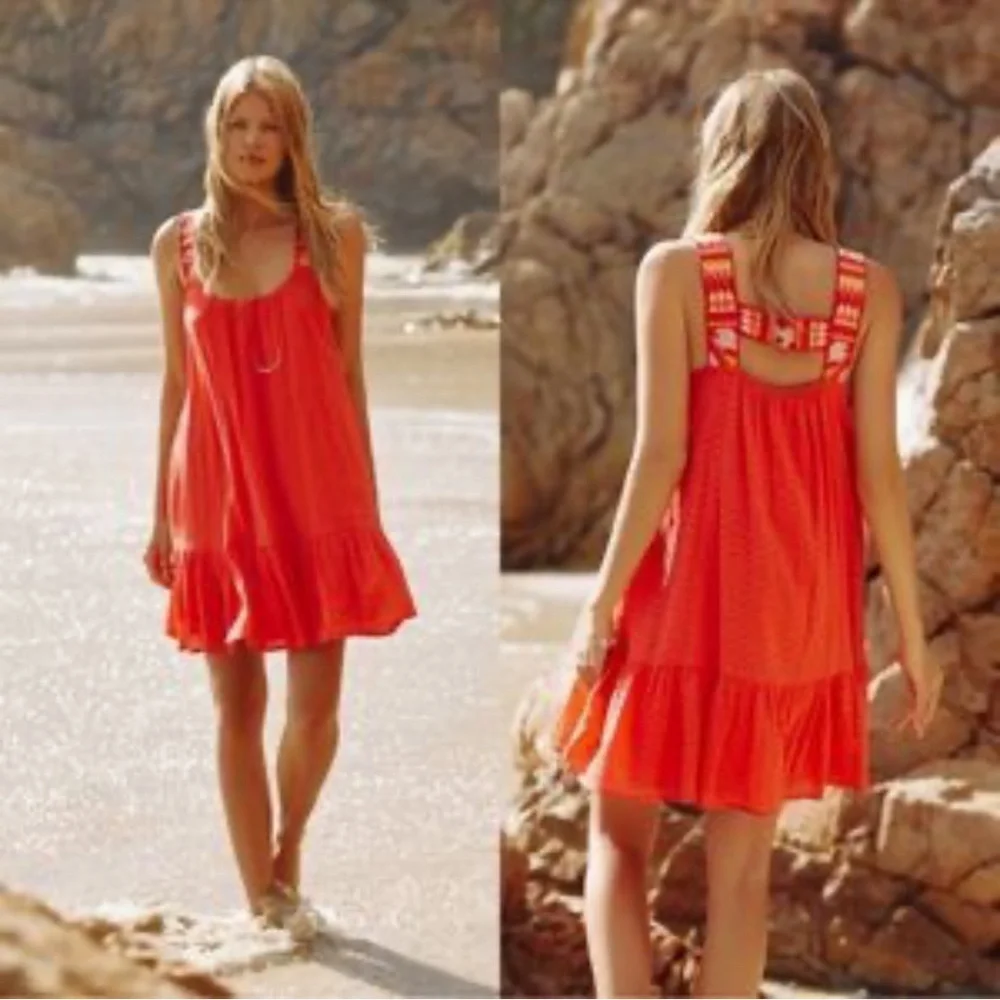 EUC {Anthro} Embroidered Pink Textured Ruffled & Tiered Orange Sundress | Small - Picture 5 of 15